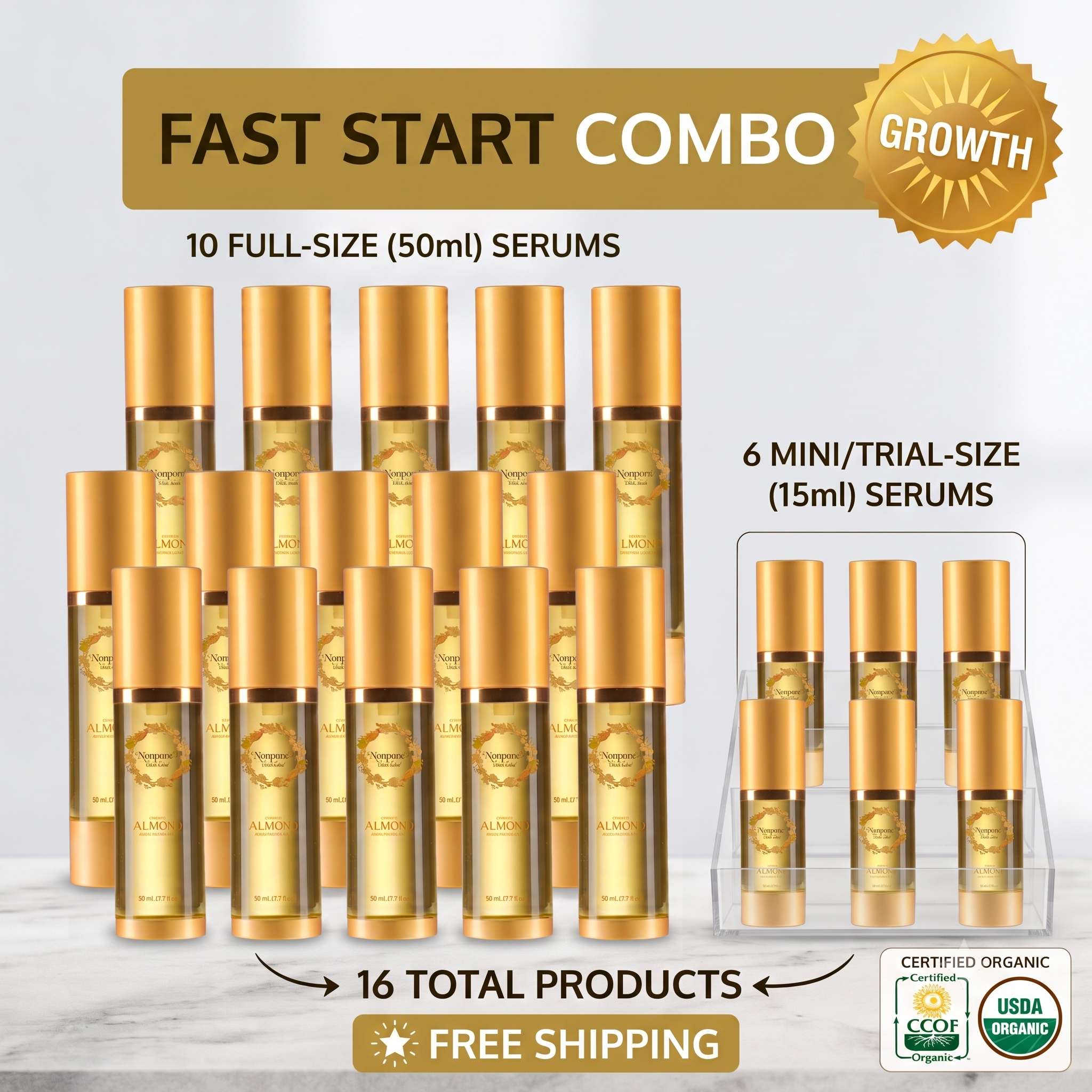 Fast Start Combo (Nonpareil Serum-Moisturizer)  10 full-size, 6 mini/trial-size