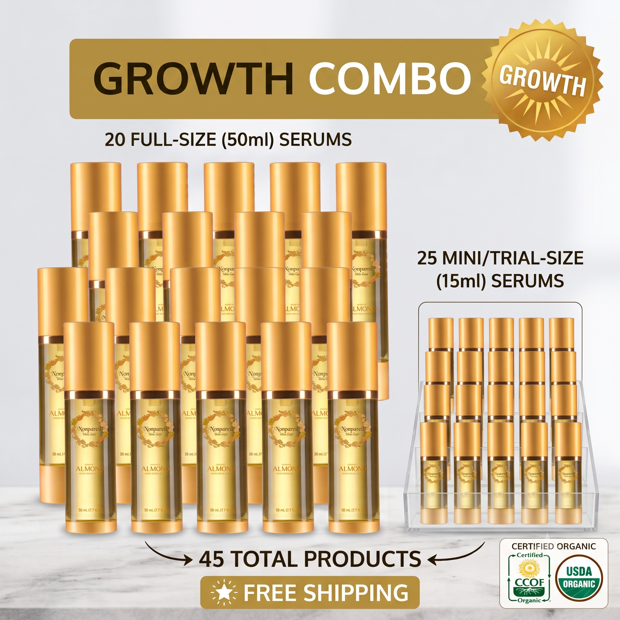 Growth Combo (Nonpareil Serum-Moisturizer) 20 full-size, 25 mini/trial-size